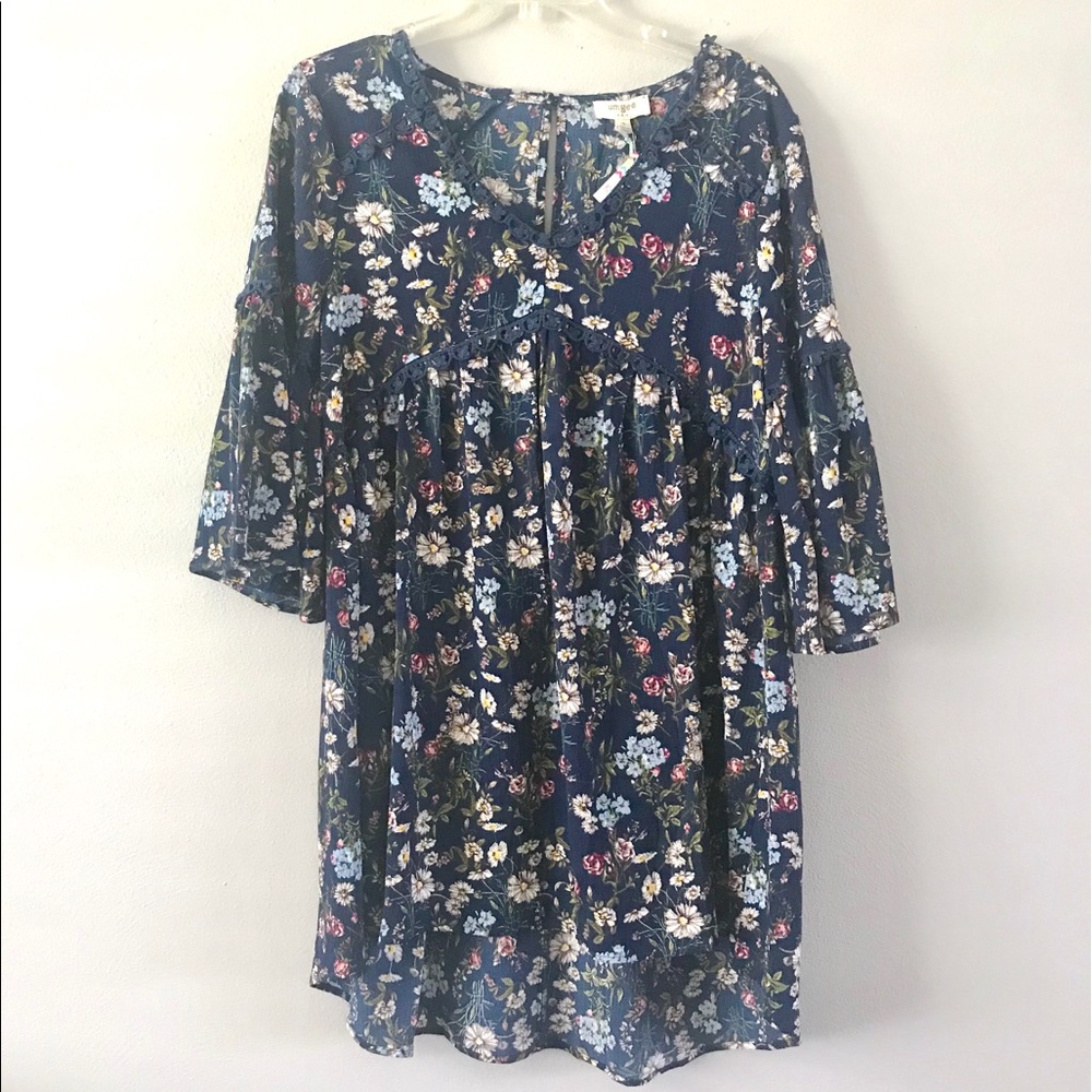 Floral Tunic Dress with Bell-Sleeves + Lace Detail